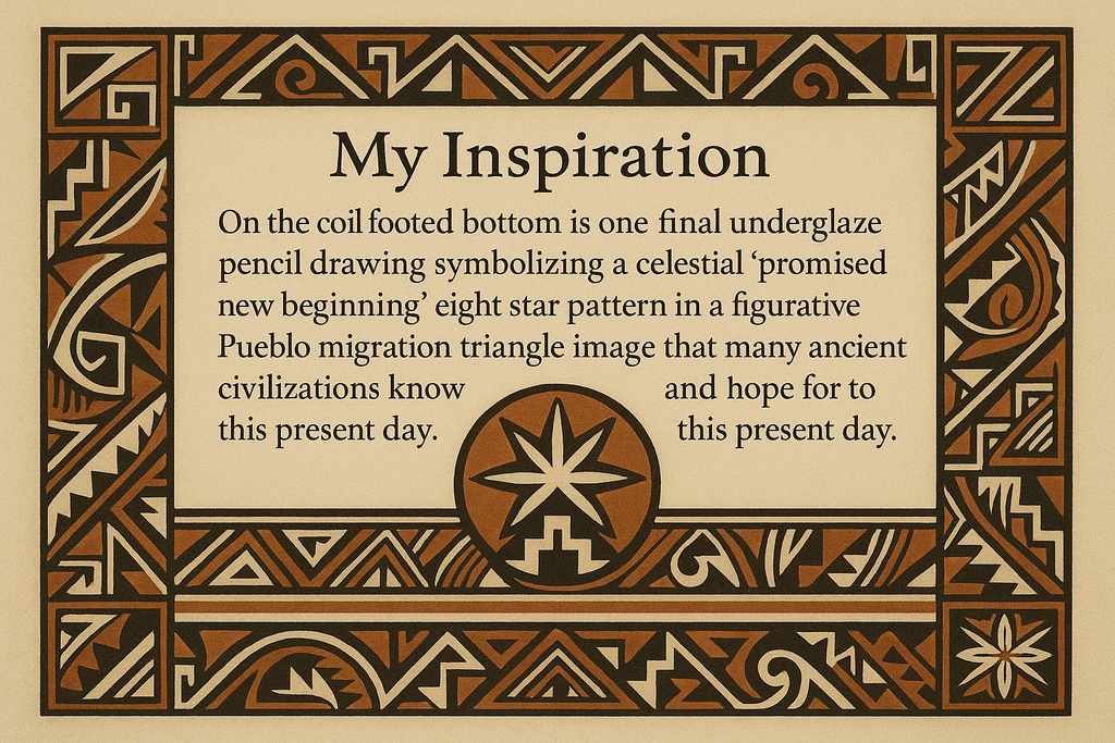 Create an artists description with pueblo motifs and this exact text "My Inspiration
On the coil footed bottom is one final underglaze pencil drawing symbolizing a celestial "promised new beginning" eight star pattern in a figurative Pueblo migration triangle image that many ancient civilizations know and hope for to this present day.